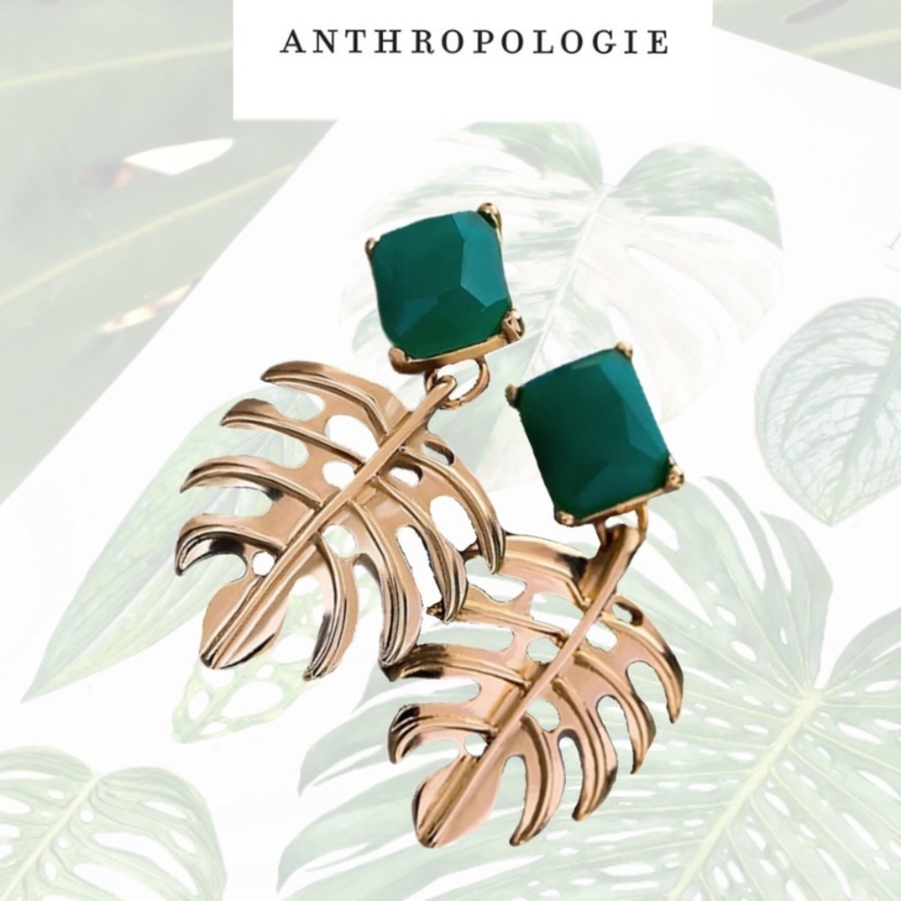 Anthropologie Gold Plated Tropical Monstera Leaves Emerald Green Drop Ea…
